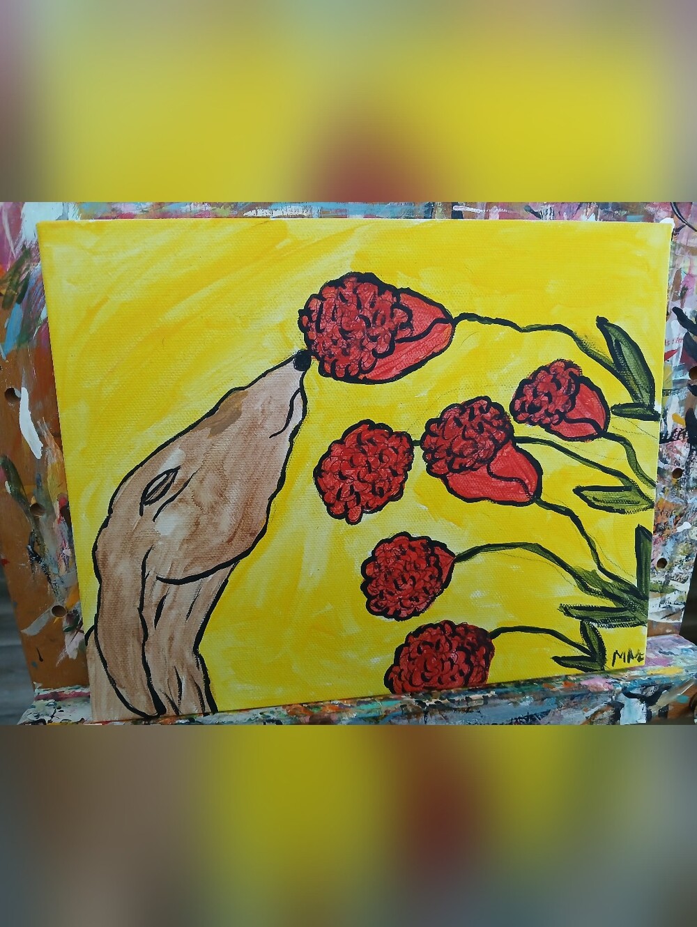 Dog Smelling Roses Painting Folk Art
